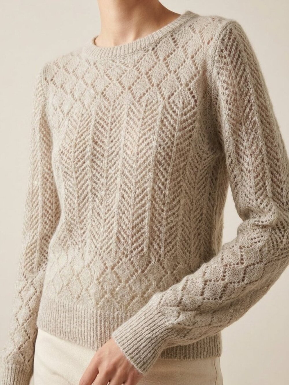 FRNCH Paris Mohair Wool Pointelle Open Knit Pullover Sweater | Size M/L | Beige
